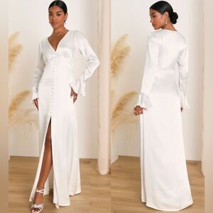 Lulus “Elegant Celebration” White Satin Long Sleeve Wedding Dress, NWT, Medium